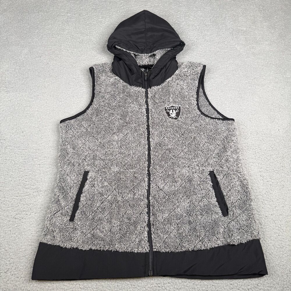 Las Vegas Raiders Vest Womens Large Gray Quilted Sherpa Fleece Full Zip Hooded